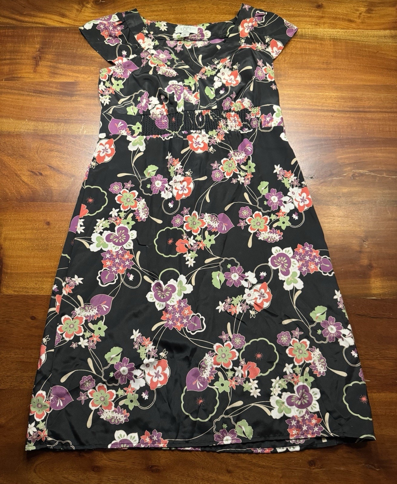 Ann Taylor Loft Petites Black Floral Satin Cap Sleeve Empire Waist Dress Sz 0p